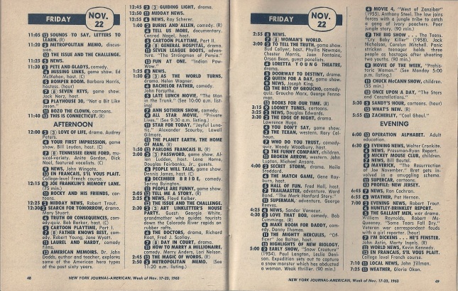 NYC TV Schedule-Nov22-1963